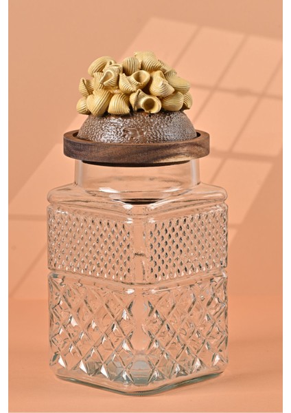 El Yapımı Özel Tasarım Kavanoz - 1800 ml - Vakumlu Ahşap Kapaklı (Midye Makarna Detaylı) - Şeffaf Cam - Mutfak ve Ev Dekorasyonu