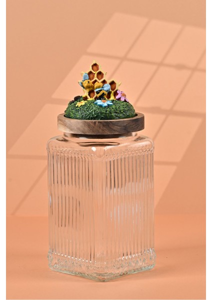 El Yapımı Özel Tasarım Bal Kavanozu - 1000 ml - Vakumlu Ahşap Kapaklı (Bal ve Arı Detaylı) - Şeffaf Çizgili Cam - Mutfak ve Ev Dekorasyonu