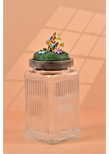 El Yapımı Özel Tasarım Bal Kavanozu - 1000 ml - Vakumlu Ahşap Kapaklı (Bal ve Arı Detaylı) - Şeffaf Çizgili Cam - Mutfak ve Ev Dekorasyonu fiyatları