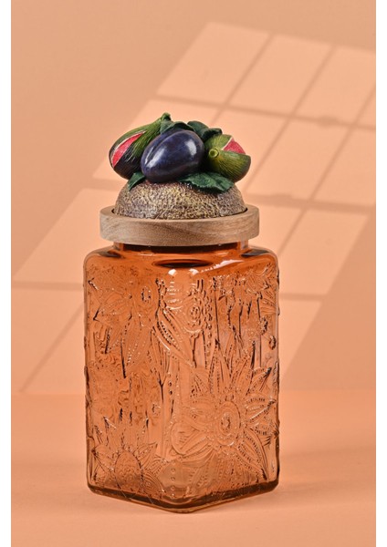El Yapımı Özel Tasarım Kavanoz - 1000 ml - Vakumlu Ahşap Kapaklı (İncir Detaylı) - Light Amber Çiçekli Kare Cam - Mutfak ve Ev Dekorasyonu fiyatları