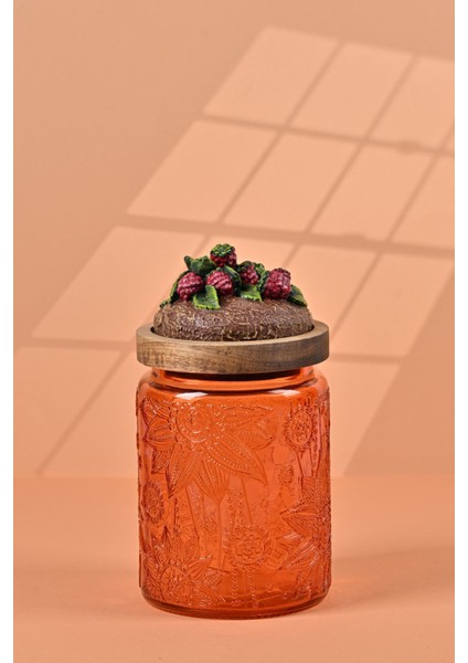 El Yapımı Özel Tasarım Kavanoz - 700 ml - Vakumlu Ahşap Kapaklı (Böğürtlen Detaylı) - Turuncu Çiçekli Yuvarlak Cam - Mutfak ve Ev Dekorasyonu Turuncu