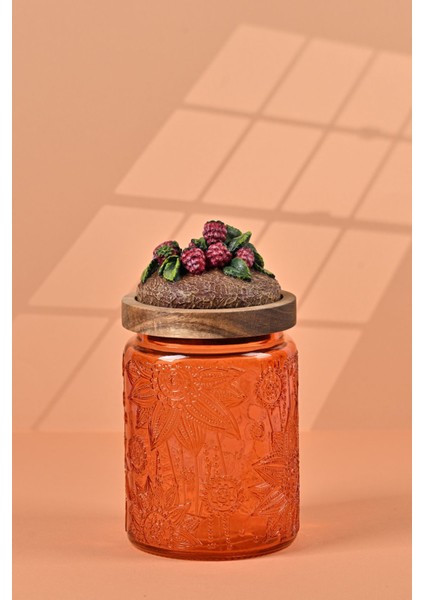 El Yapımı Özel Tasarım Kavanoz - 700 ml - Vakumlu Ahşap Kapaklı (Böğürtlen Detaylı) - Turuncu Çiçekli Yuvarlak Cam - Mutfak ve Ev Dekorasyonu Turuncu fiyatları