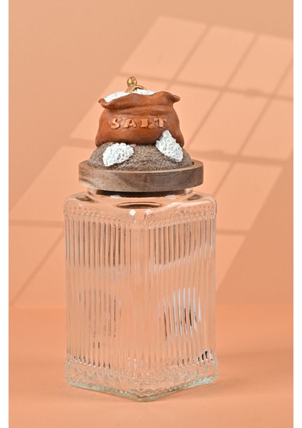 El Yapımı Özel Tasarım Tuz Baharat Kavanozu -1000 ml - Vakumlu Ahşap Kapaklı (Turuncu Detaylı) - Şeffaf Çizgili Cam - Mutfak ve Ev Dekorasyonu