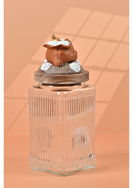 El Yapımı Özel Tasarım Tuz Baharat Kavanozu -1000 ml - Vakumlu Ahşap Kapaklı (Turuncu Detaylı) - Şeffaf Çizgili Cam - Mutfak ve Ev Dekorasyonu fiyatları