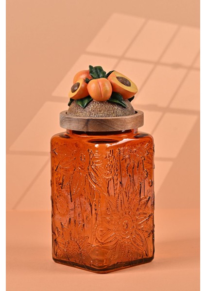 El Yapımı Özel Tasarım Kavanoz - 1000 ml - Vakumlu Ahşap Kapaklı (Kayısı Detaylı) - Dark Amber Çiçekli Kare Cam - Mutfak ve Ev Dekorasyonu