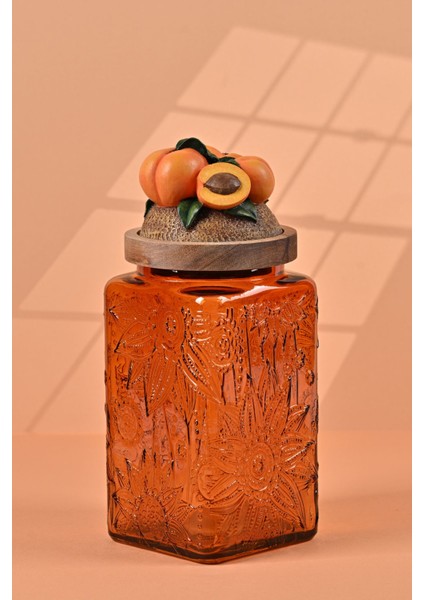 El Yapımı Özel Tasarım Kavanoz - 1000 ml - Vakumlu Ahşap Kapaklı (Kayısı Detaylı) - Dark Amber Çiçekli Kare Cam - Mutfak ve Ev Dekorasyonu modelleri