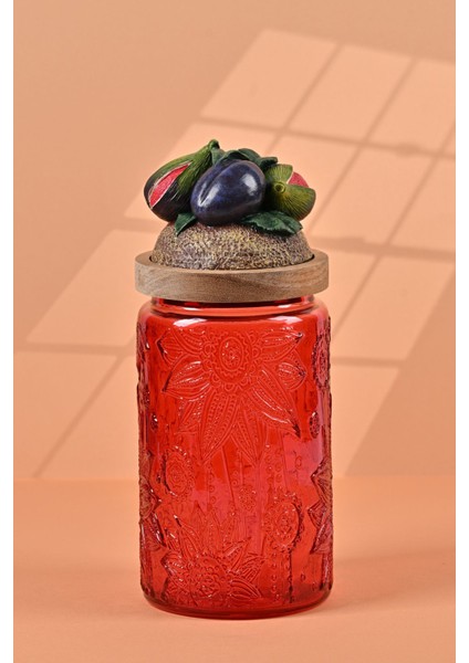 El Yapımı Özel Tasarım Kavanoz - 1000 ml - Vakumlu Ahşap Kapaklı (İncir Detaylı) - Kırmızı Çiçekli Yuvarlak Cam - Mutfak ve Ev Dekorasyonu