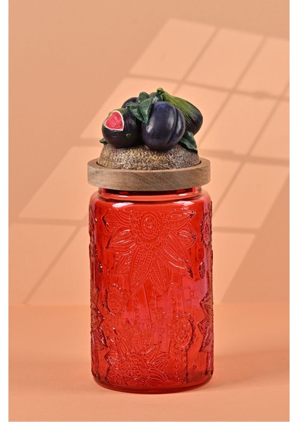 El Yapımı Özel Tasarım Kavanoz - 1000 ml - Vakumlu Ahşap Kapaklı (İncir Detaylı) - Kırmızı Çiçekli Yuvarlak Cam - Mutfak ve Ev Dekorasyonu modelleri