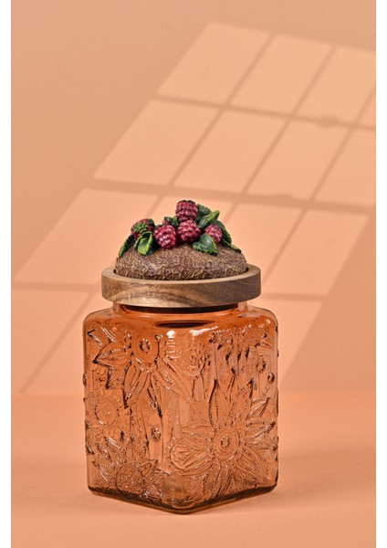 El Yapımı Özel Tasarım Kavanoz - 700 ml - Vakumlu Ahşap Kapaklı (Böğürtlen Detaylı) - Light Amber Çiçekli Kare Cam - Mutfak ve Ev Dekorasyonu Light Amber fiyatları