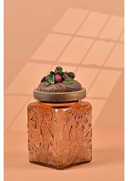 El Yapımı Özel Tasarım Kavanoz - 700 ml - Vakumlu Ahşap Kapaklı (Böğürtlen Detaylı) - Light Amber Çiçekli Kare Cam - Mutfak ve Ev Dekorasyonu Light Amber modelleri