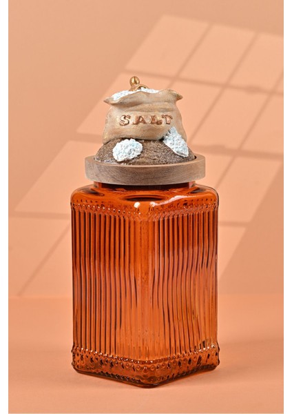 El Yapımı Özel Tasarım Tuz Baharat Kavanozu - 1000 ml - Vakumlu Ahşap Kapaklı (Dore Detaylı) - Dark Amber Çizgili Cam - Mutfak ve Ev Dekorasyonu