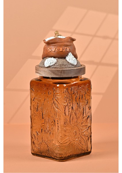 El Yapımı Özel Tasarım Tuz Baharat Kavanozu - 1000 ml - Vakumlu Ahşap Kapaklı (Turuncu Detaylı) - Medium Amber Çiçekli Cam - Mutfak ve Ev Dekorasyonu