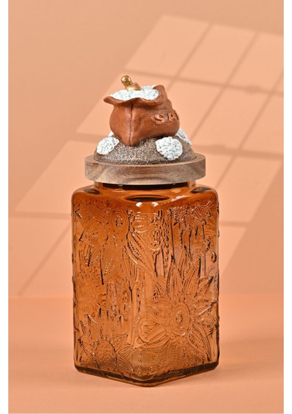 El Yapımı Özel Tasarım Tuz Baharat Kavanozu - 1000 ml - Vakumlu Ahşap Kapaklı (Turuncu Detaylı) - Medium Amber Çiçekli Cam - Mutfak ve Ev Dekorasyonu fiyatları