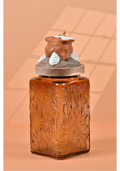 El Yapımı Özel Tasarım Tuz Baharat Kavanozu - 1000 ml - Vakumlu Ahşap Kapaklı (Turuncu Detaylı) - Medium Amber Çiçekli Cam - Mutfak ve Ev Dekorasyonu modelleri