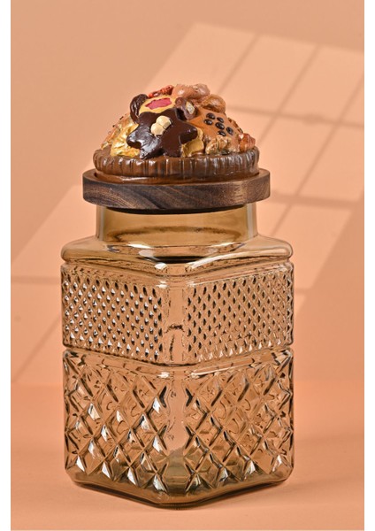 El Yapımı Özel Tasarım Kavanoz - 1800 ml - Vakumlu Ahşap Kapaklı (Kurabiye Detaylı) - Light Yeşil Cam - Mutfak ve Ev Dekorasyonu