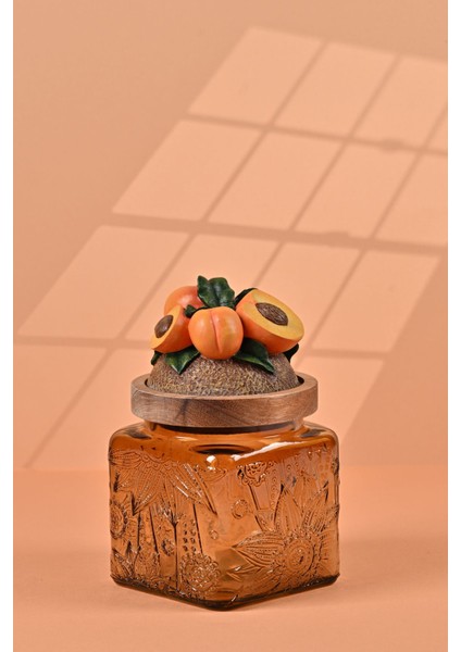 El Yapımı Özel Tasarım Kavanoz - 500 ml - Vakumlu Ahşap Kapaklı (Kayısı Detaylı) - Medium Amber Çiçekli Kare Cam - Mutfak ve Ev Dekorasyonu fiyatları