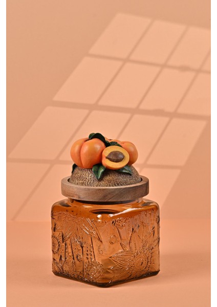 El Yapımı Özel Tasarım Kavanoz - 500 ml - Vakumlu Ahşap Kapaklı (Kayısı Detaylı) - Medium Amber Çiçekli Kare Cam - Mutfak ve Ev Dekorasyonu modelleri