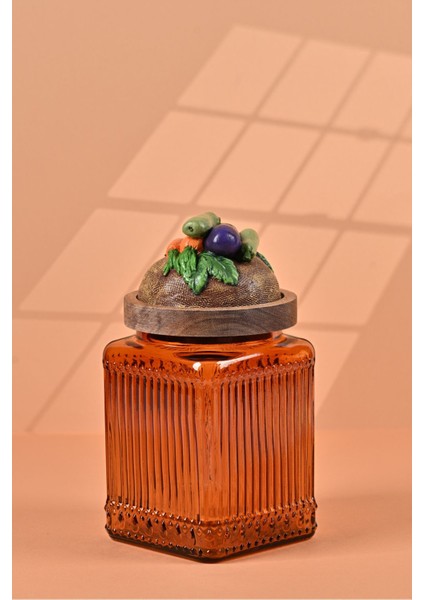 El Yapımı Özel Tasarım Kavanoz - 700 ml - Vakumlu Ahşap Kapaklı (Sebze Detaylı) - Dark Amber Çizgili Cam - Mutfak ve Ev Dekorasyonu modelleri