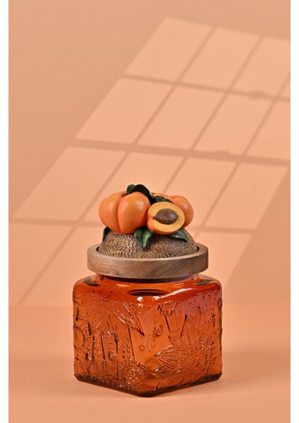 El Yapımı Özel Tasarım Kavanoz - 500 ml - Vakumlu Ahşap Kapaklı (Kayısı Detaylı) - Dark Amber Çiçekli Kare Cam - Mutfak ve Ev Dekorasyonu fiyatları