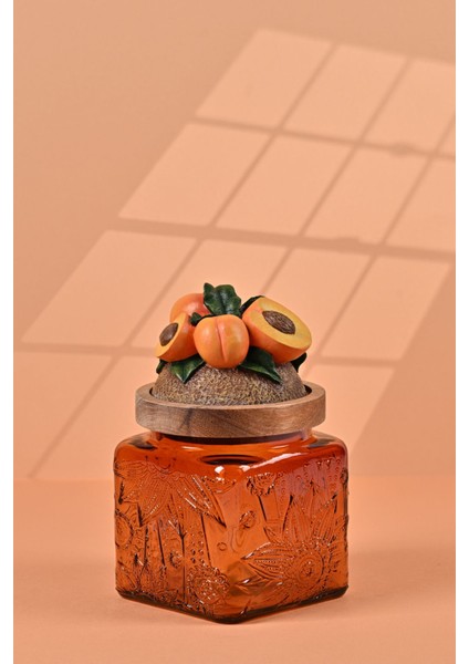 El Yapımı Özel Tasarım Kavanoz - 500 ml - Vakumlu Ahşap Kapaklı (Kayısı Detaylı) - Dark Amber Çiçekli Kare Cam - Mutfak ve Ev Dekorasyonu modelleri