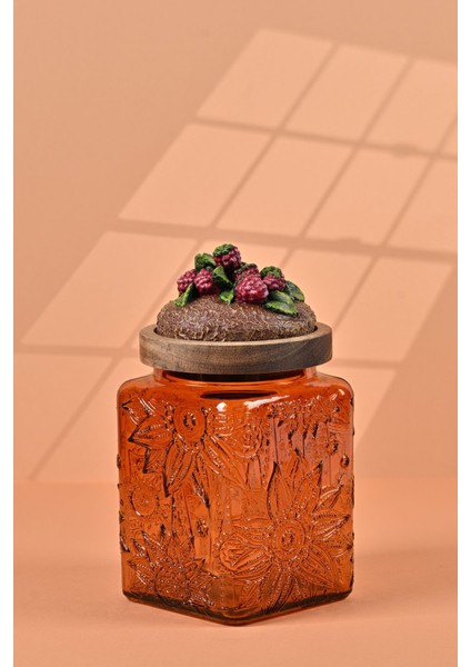 El Yapımı Özel Tasarım Kavanoz - 700 ml - Vakumlu Ahşap Kapaklı (Böğürtlen Detaylı) - Dark Amber Çiçekli Kare Cam - Mutfak ve Ev Dekorasyonu Dark Amber