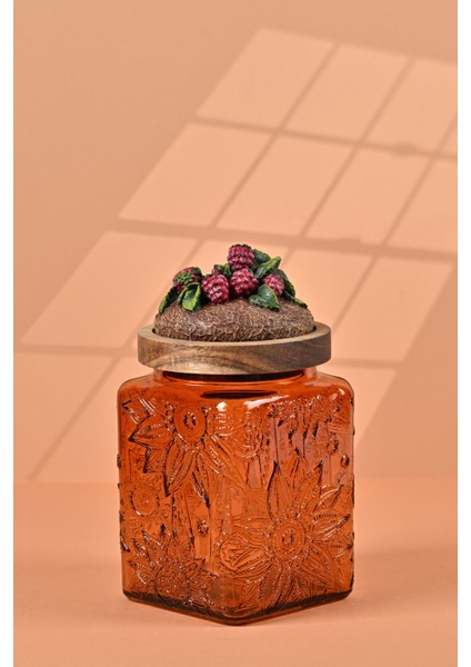 El Yapımı Özel Tasarım Kavanoz - 700 ml - Vakumlu Ahşap Kapaklı (Böğürtlen Detaylı) - Dark Amber Çiçekli Kare Cam - Mutfak ve Ev Dekorasyonu Dark Amber modelleri