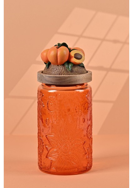 El Yapımı Özel Tasarım Kavanoz - 1000 ml - Vakumlu Ahşap Kapaklı (Kayısı Detaylı) - Turuncu Çiçekli Yuvarlak Cam - Mutfak ve Ev Dekorasyonu modelleri