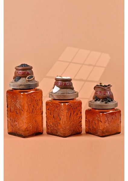 El Yapımı Özel Tasarım Çay Kahve Şeker Kavanozu - 3'lü Set - Vakumlu Ahşap Kapaklı (Kahverengi Detaylı) - Dark Amber Çiçekli Cam - Mutfak ve Ev Dekorasyonu fırsatları