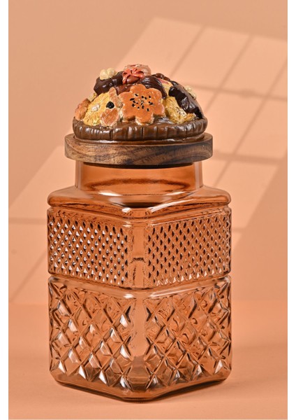 El Yapımı Özel Tasarım Kavanoz - 1800 ml - Vakumlu Ahşap Kapaklı (Kurabiye Detaylı) - Light Amber Cam - Mutfak ve Ev Dekorasyonu