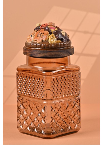 El Yapımı Özel Tasarım Kavanoz - 1800 ml - Vakumlu Ahşap Kapaklı (Kurabiye Detaylı) - Light Amber Cam - Mutfak ve Ev Dekorasyonu fırsatları