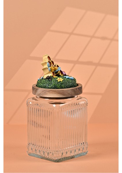 El Yapımı Özel Tasarım Bal Kavanozu - 700 ml - Vakumlu Ahşap Kapaklı (Bal ve Arı Detaylı) - Şeffaf Çizgili Cam - Mutfak ve Ev Dekorasyonu fiyatları