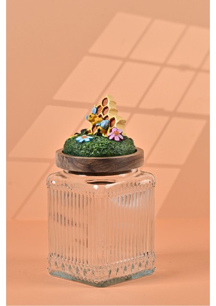 El Yapımı Özel Tasarım Bal Kavanozu - 700 ml - Vakumlu Ahşap Kapaklı (Bal ve Arı Detaylı) - Şeffaf Çizgili Cam - Mutfak ve Ev Dekorasyonu modelleri