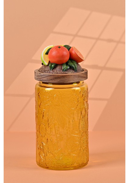 El Yapımı Özel Tasarım Kavanoz - 1000 ml - Vakumlu Ahşap Kapaklı (Portakal Detaylı) - Sarı Çiçekli Yuvarlak Cam - Mutfak ve Ev Dekorasyonu