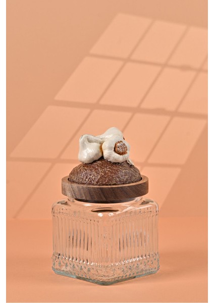 El Yapımı Özel Tasarım Kavanoz - 500 ml - Vakumlu Ahşap Kapaklı (Sarımsak Detaylı) - Şeffaf Çizgili Cam - Mutfak ve Ev Dekorasyonu modelleri