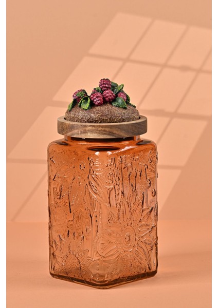 El Yapımı Özel Tasarım Kavanoz - 1000 ml - Vakumlu Ahşap Kapaklı (Böğürtlen Detaylı) - Light Amber Çiçekli Kare Cam - Mutfak ve Ev Dekorasyonu Light Amber