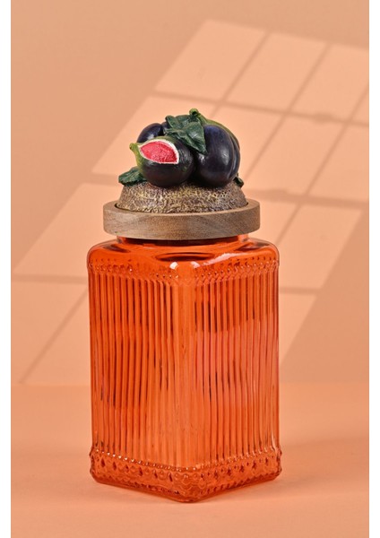 El Yapımı Özel Tasarım Kavanoz - 1000 ml - Vakumlu Ahşap Kapaklı (İncir Detaylı) - Turuncu Çizgili Cam - Mutfak ve Ev Dekorasyonu