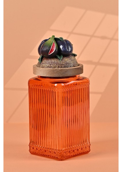 El Yapımı Özel Tasarım Kavanoz - 1000 ml - Vakumlu Ahşap Kapaklı (İncir Detaylı) - Turuncu Çizgili Cam - Mutfak ve Ev Dekorasyonu fiyatları