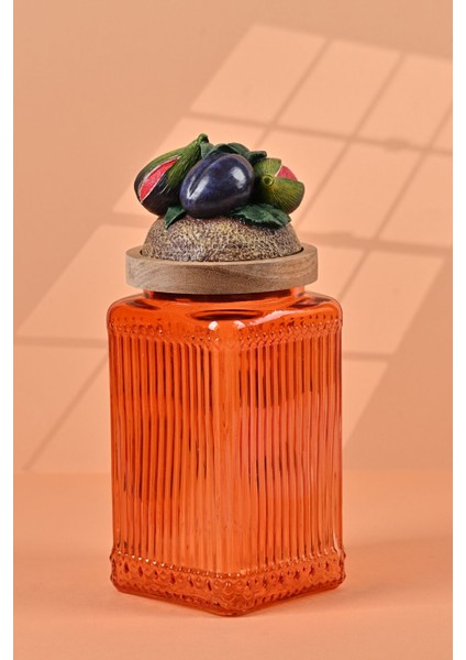 El Yapımı Özel Tasarım Kavanoz - 1000 ml - Vakumlu Ahşap Kapaklı (İncir Detaylı) - Turuncu Çizgili Cam - Mutfak ve Ev Dekorasyonu modelleri