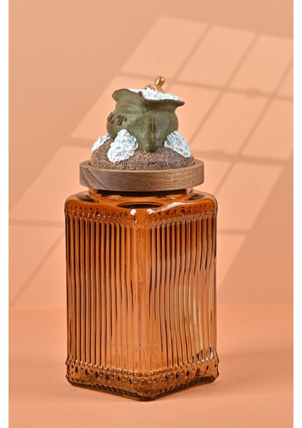 El Yapımı Özel Tasarım Tuz Baharat Kavanozu - 1000 ml - Vakumlu Ahşap Kapaklı (Yeşil Detaylı) - Medium Amber Çizgili Cam - Mutfak ve Ev Dekorasyonu modelleri