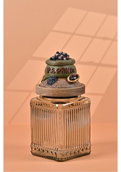 El Yapımı Özel Tasarım Karabiber Baharat Kavanozu - 700 ml - Vakumlu Ahşap Kapaklı (Yeşil Detaylı) - Light Yeşil Çizgili Cam - Mutfak ve Ev Dekorasyonu