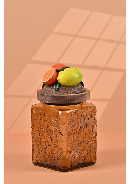 El Yapımı Özel Tasarım Kavanoz - 700 ml - Vakumlu Ahşap Kapaklı (Portakal Detaylı) - Medium Amber Çiçekli Kare Cam - Mutfak ve Ev Dekorasyonu modelleri
