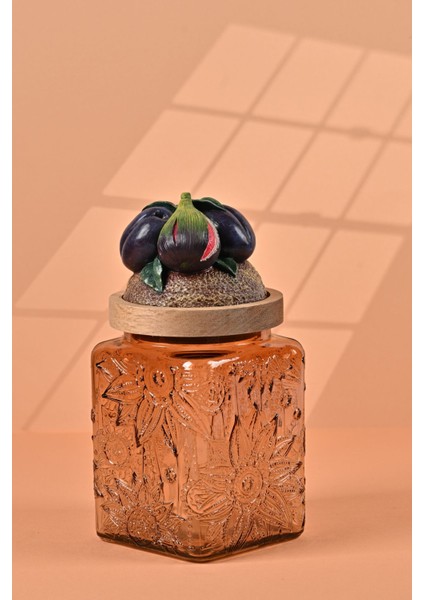 El Yapımı Özel Tasarım Kavanoz - 700 ml - Vakumlu Ahşap Kapaklı (İncir Detaylı) - Light Amber Çiçekli Kare Cam - Mutfak ve Ev Dekorasyonu fiyatları