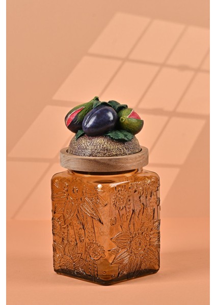 El Yapımı Özel Tasarım Kavanoz - 700 ml - Vakumlu Ahşap Kapaklı (İncir Detaylı) - Medium Amber Çiçekli Kare Cam - Mutfak ve Ev Dekorasyonu