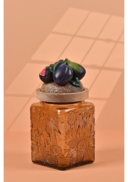 El Yapımı Özel Tasarım Kavanoz - 700 ml - Vakumlu Ahşap Kapaklı (İncir Detaylı) - Medium Amber Çiçekli Kare Cam - Mutfak ve Ev Dekorasyonu modelleri