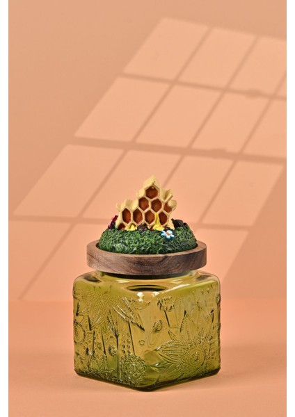 El Yapımı Özel Tasarım Bal Kavanoz - 500 ml - Vakumlu Ahşap Kapaklı (Bal ve Arı Detaylı) - Yeşil Çiçekli Kare Cam - Mutfak ve Ev Dekorasyonu fırsatları