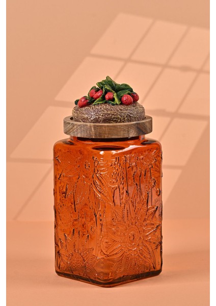 El Yapımı Özel Tasarım Kavanoz - 1000 ml - Vakumlu Ahşap Kapaklı (Çilek Detaylı) - Dark Amber Çiçekli Kare Cam - Mutfak ve Ev Dekorasyonu fiyatları