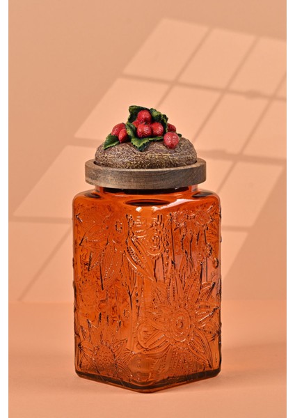 El Yapımı Özel Tasarım Kavanoz - 1000 ml - Vakumlu Ahşap Kapaklı (Çilek Detaylı) - Dark Amber Çiçekli Kare Cam - Mutfak ve Ev Dekorasyonu modelleri