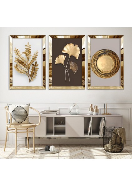 Modern Çizim Altın Yaprak Gümüş Pleksi Kenar Mdf Tablo