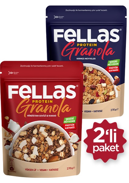 Protein Granola 2'li Paket - Hindistan Cevizi & Kakao 270g + Kırmızı Meyveler 270g