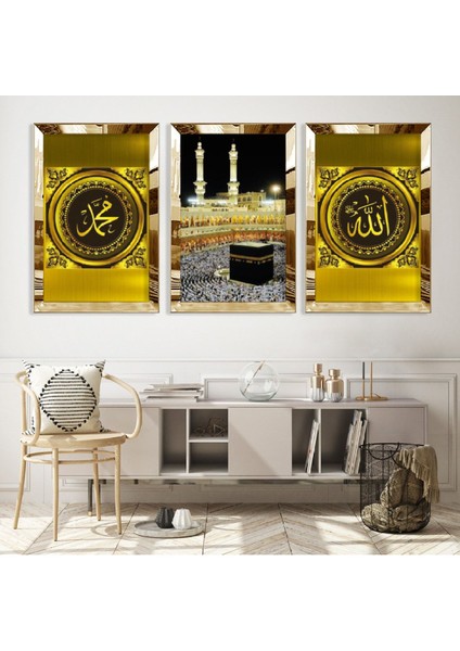 Kabe ve Allah Muhammed Lafzı Dini Gold Pleksi Kenar Mdf Tablo